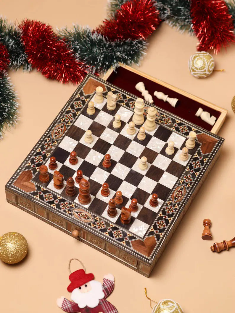 Luxury Damascus Mosaic Chess Board with Built-In Storage
