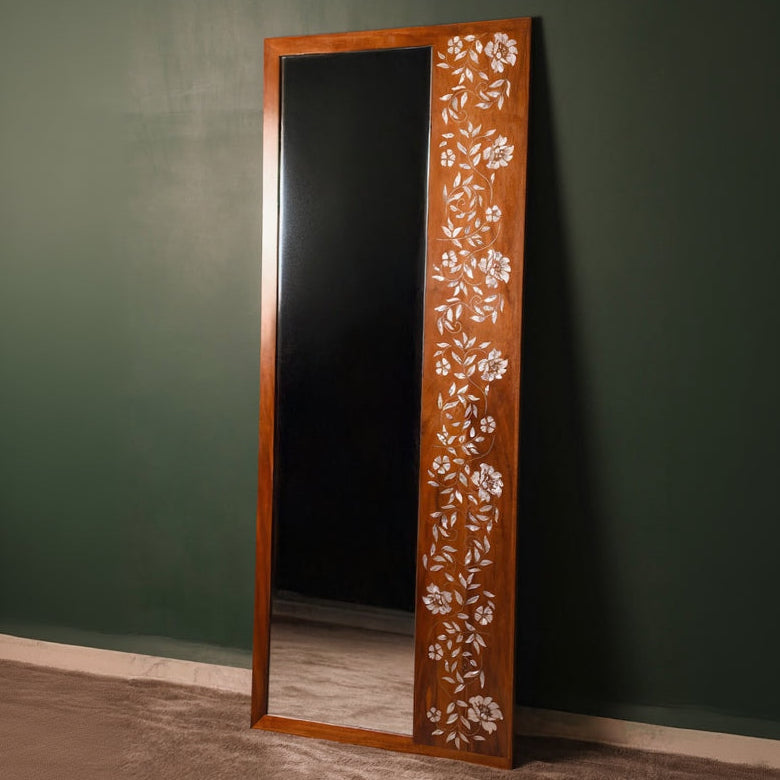 Full Length Handcrafted Wood Standing Mirror with Mother of Pearl Inlay | Zahra Collection
