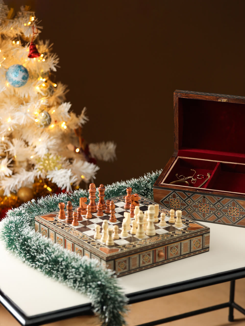 Wooden Chess Board with a Storage for the Pieces mosaic inlay with pearls Christmas gift.