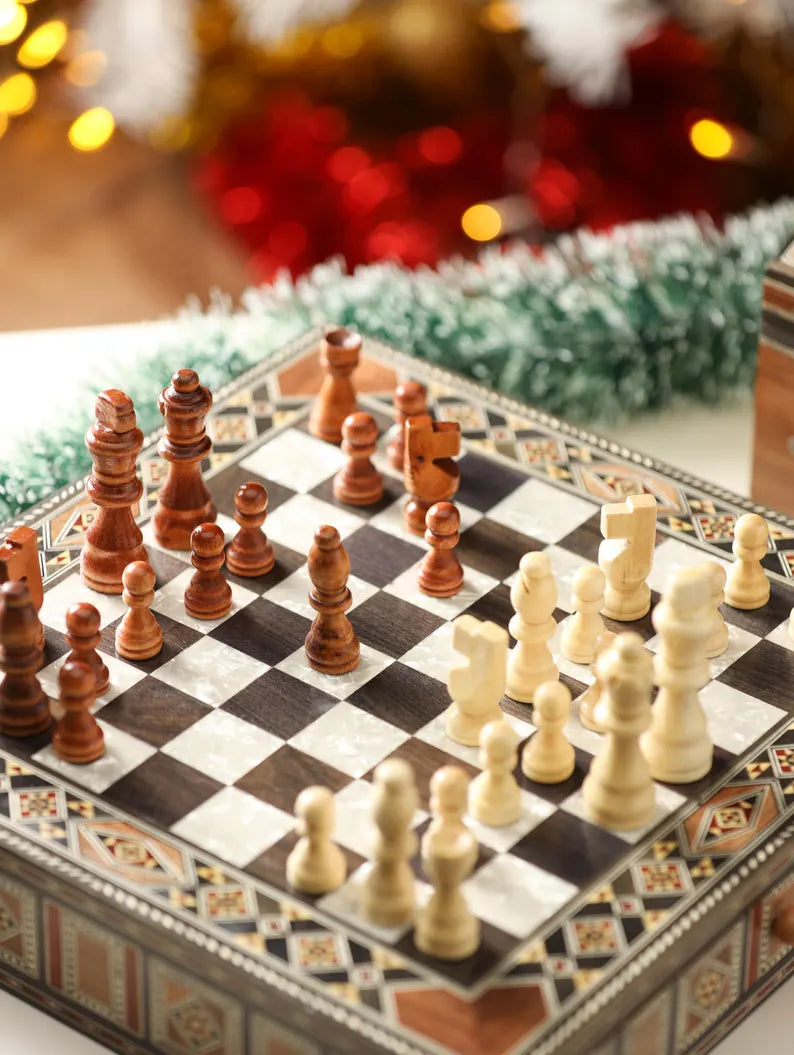 Luxury Damascus Mosaic Chess Board with Built-In Storage
