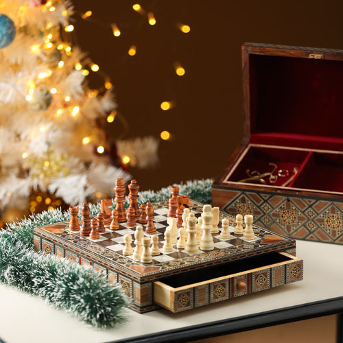 Luxury Damascus Mosaic Chess Board with Built-In Storage