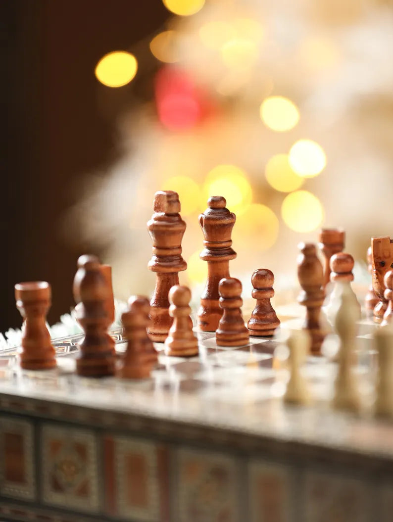 Luxury Damascus Mosaic Chess Board with Built-In Storage