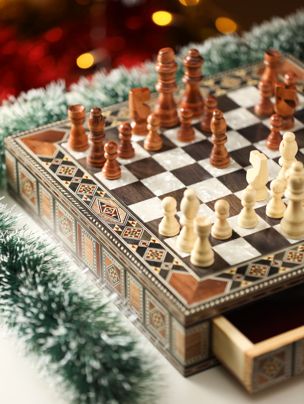 Wooden Chess Board with a Storage for the Pieces mosaic inlay with pearls Christmas gift.