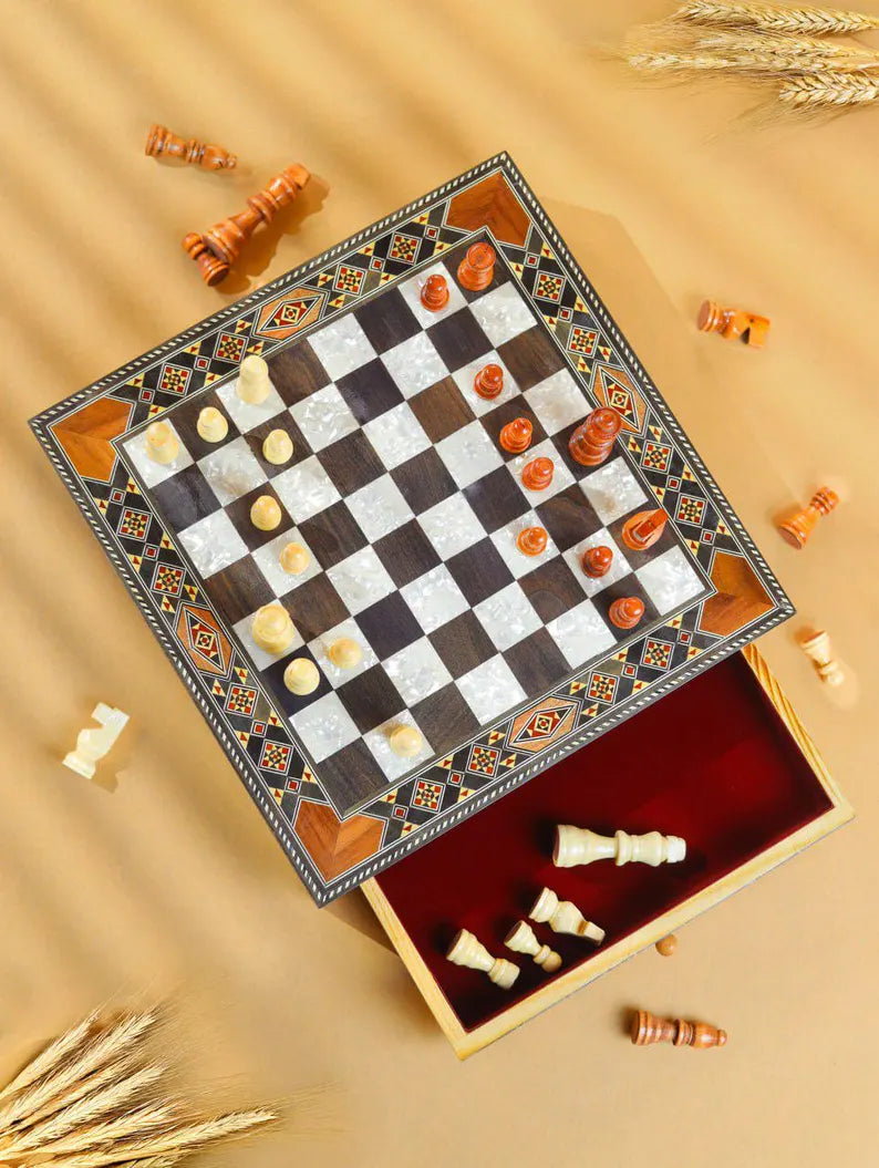 Luxury Damascus Mosaic Chess Board with Built-In Storage