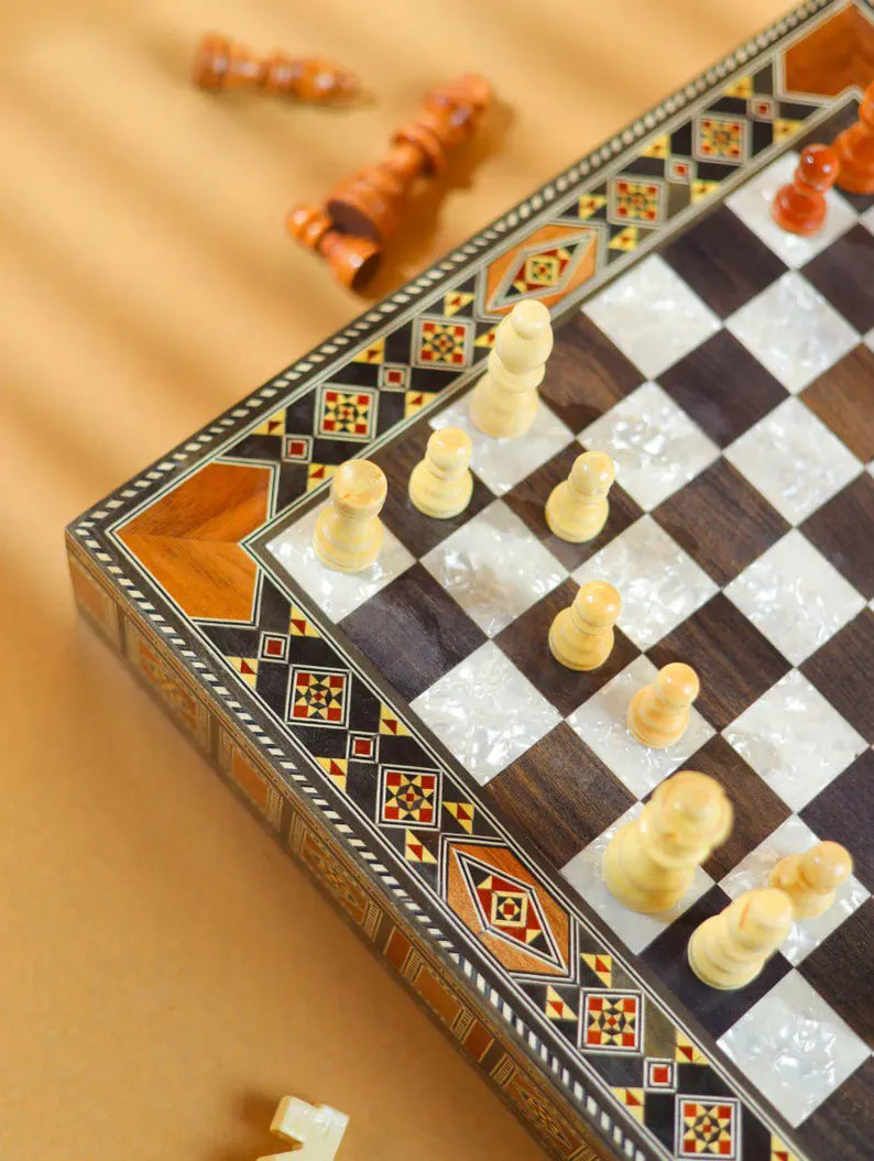 Luxury Damascus Mosaic Chess Board with Built-In Storage