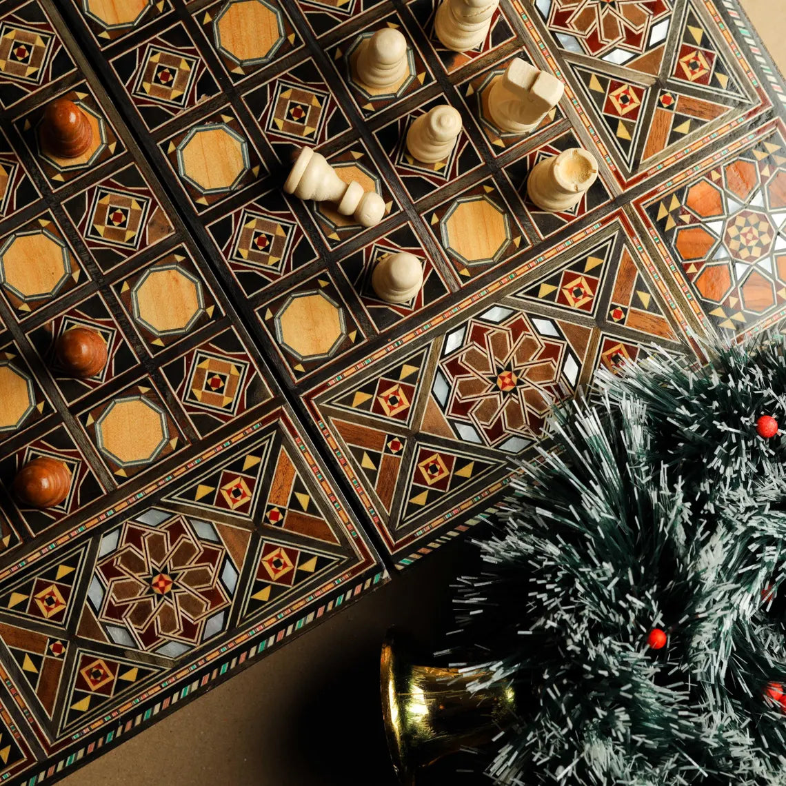 16" Foldable Chess & Backgammon Board – Mosaic Inlay (FREE Checkers)