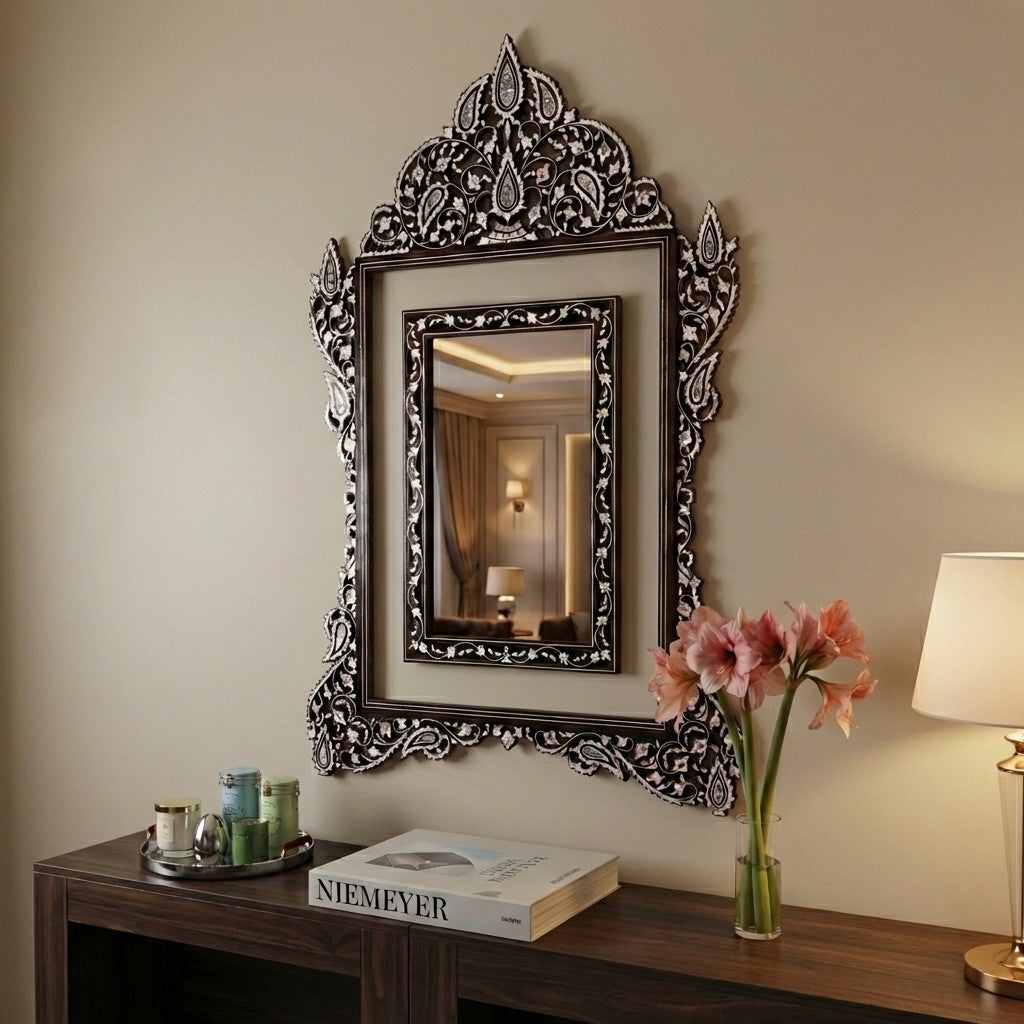 Handmade luxurious mirror with mother-of-pearl inlaid and lightened frame | Narjis collection