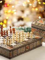 Wooden Chess Board with a Storage for the Pieces mosaic inlay with pearls Christmas gift.
