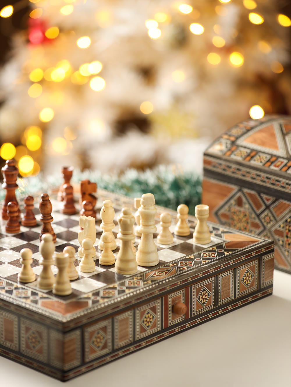 Wooden Chess Board with a Storage for the Pieces mosaic inlay with pearls Christmas gift.
