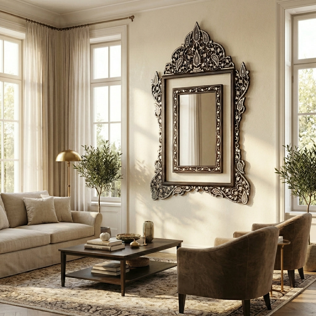Handmade luxurious mirror with mother-of-pearl inlaid and lightened frame | Narjis collection