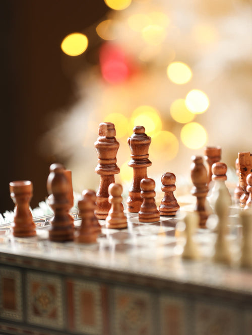 Luxury Damascus Mosaic Chess Board with Built-In Storage