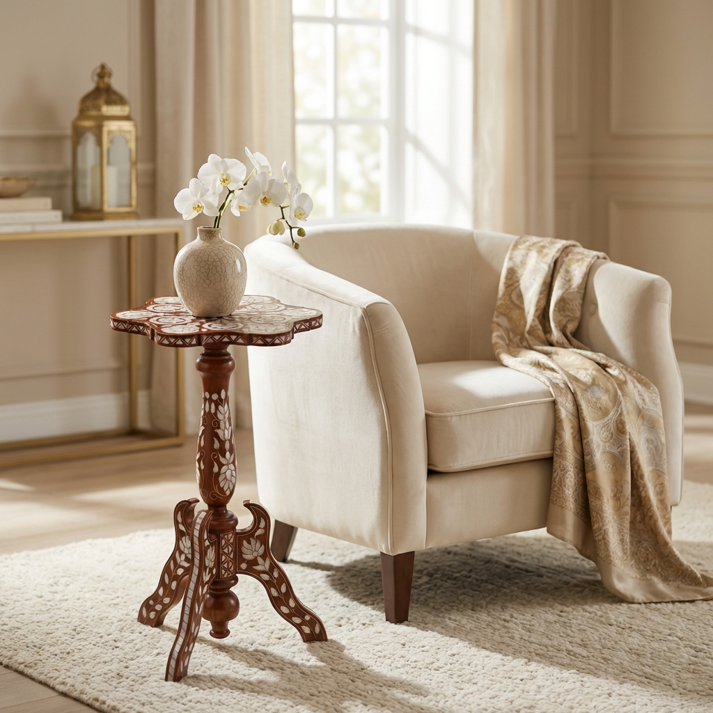 Handmade Side Table Crafted in Hardwood with Mother of Pearl | Qissa Collection