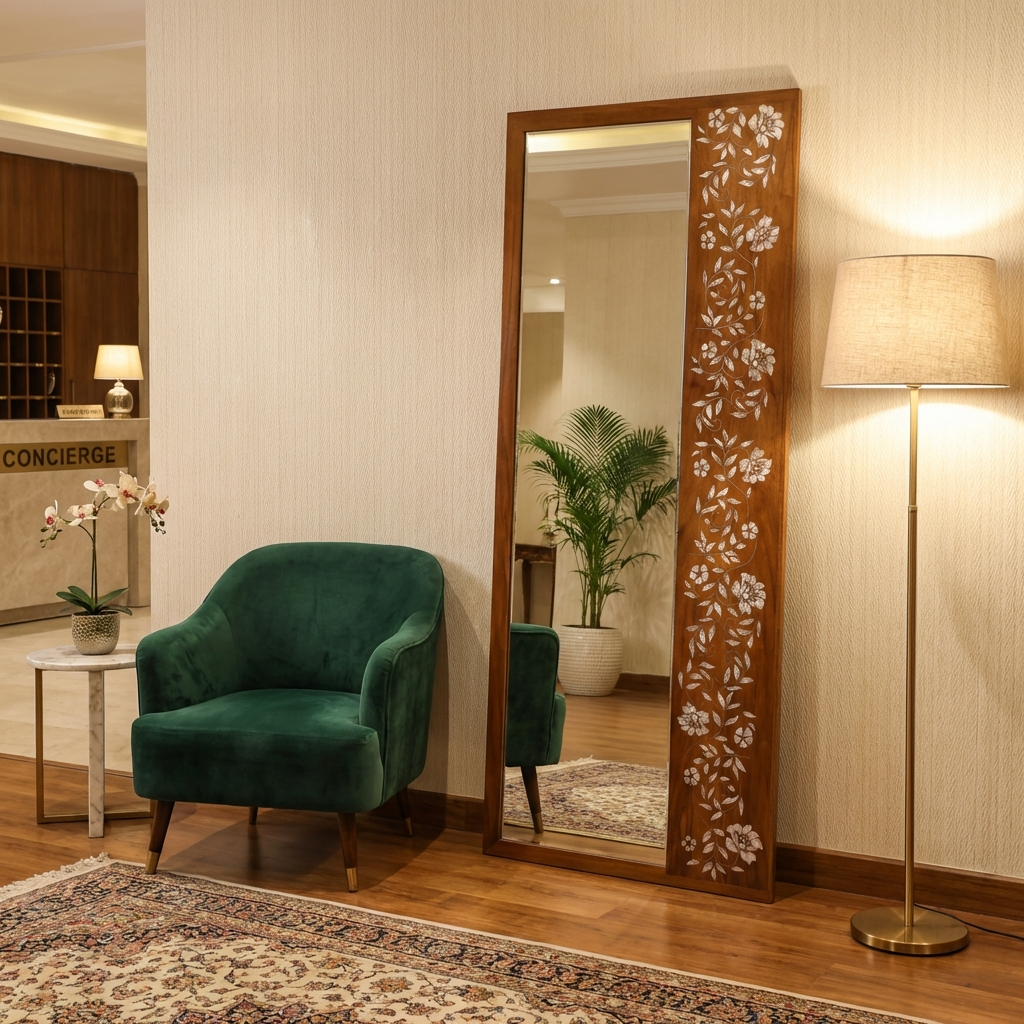 Full Length Handcrafted Wood Standing Mirror with Mother of Pearl Inlay | Zahra Collection