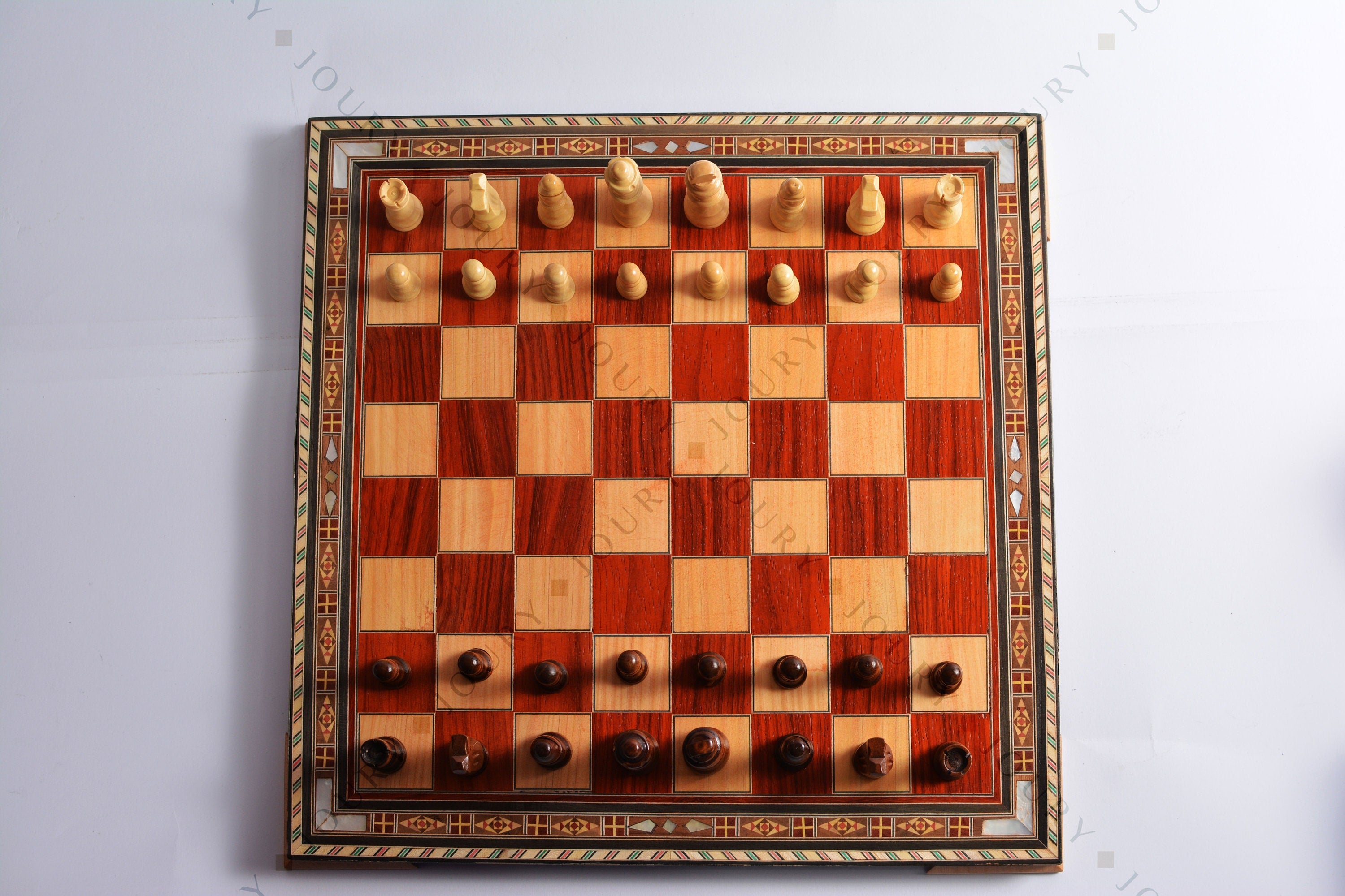 Wooden Chess Board, Handmade, 16" with Mother-of-Pearl Inlay