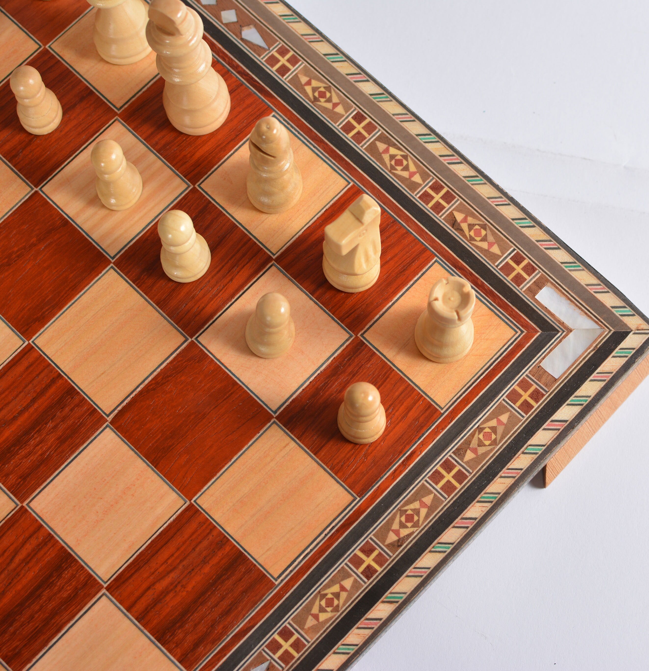 Wooden Chess Board, Handmade, 16" with Mother-of-Pearl Inlay