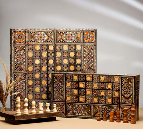 16" Foldable Backgammon & Chess Board with Mother-of-Pearl Inlay